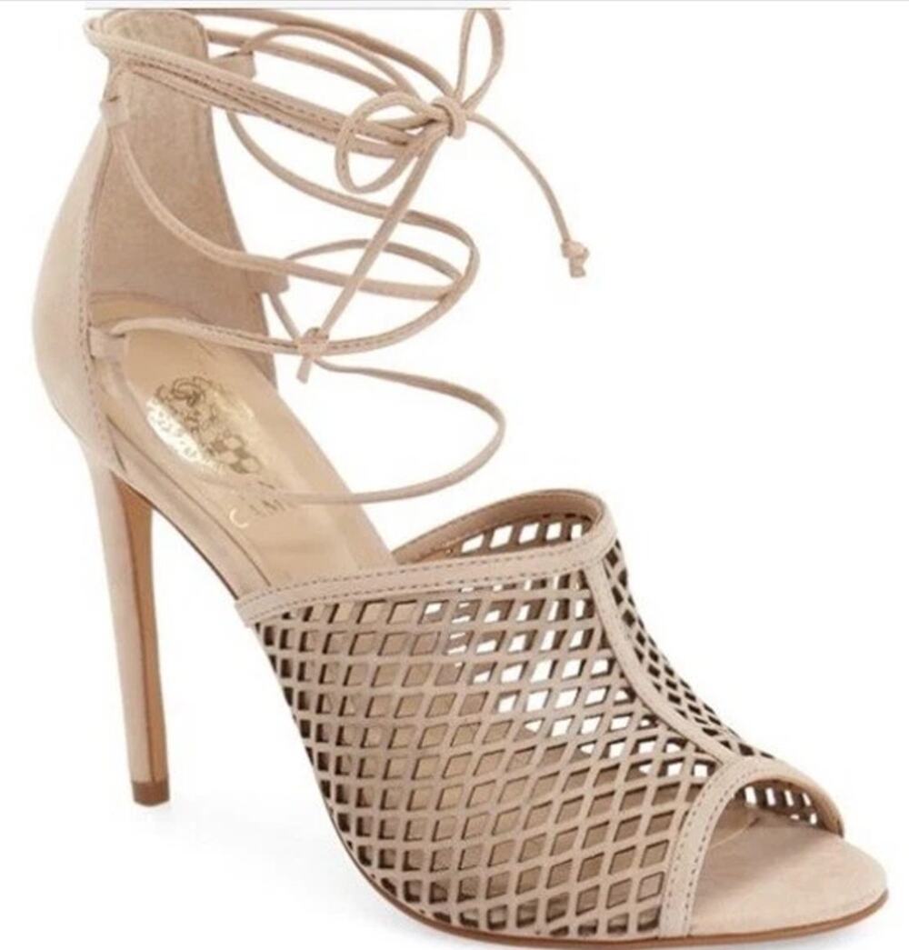 Vince Camuto Vasha Sandals WMNS 10M Nude Lace Tie Up High Heel Laser Cut Leather